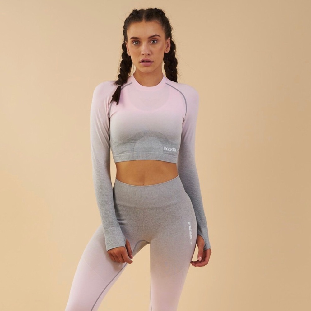 GYMSHARK PINK/GREY OMBRÉ LONG SLEEVE CROP TOP